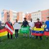 From left, students Jan J. Bruegmann, of Germany; Laurent P. Mahr, of Austria; Yousef I. Asiri, Abdullah A. Albish and Mohammed A. Alhussain, all of Saudi Arabia; Rene Ramirez, of Venezuela; and Po-Ju Sung, of Taiwan, gather to celebrate the kickoff of Welcoming Week at Penn College, sharing what they love about the campus and the community.