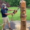 Plying a chain saw with surgical precision, Stabley imbues new life into a felled pine tree.